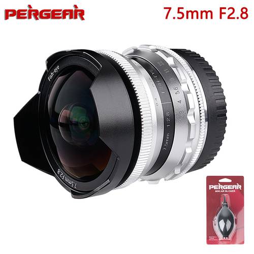 Pergear 7.5mm F2.8 Manual Focus Fixed Fish Eye Lens for Olympus Panasonic M4/3 for Sony E Mount A7 for Fuji X Mirrorless Cameras