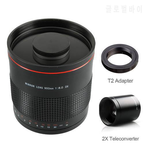 900mm F8.0 Camera Telephoto Manual Prime Mirror Lens+2X Teleconverter+T2 Adapter for Canon Nikon Pentax Olympus Sony Fuji DSLR