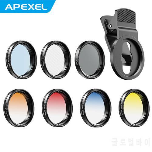 APEXEL APL-37UV-7G Professional 7in1 Phone Graduated Lens Filter Kit +CPL ND Star Filters for Smartphones and Camera Lenses