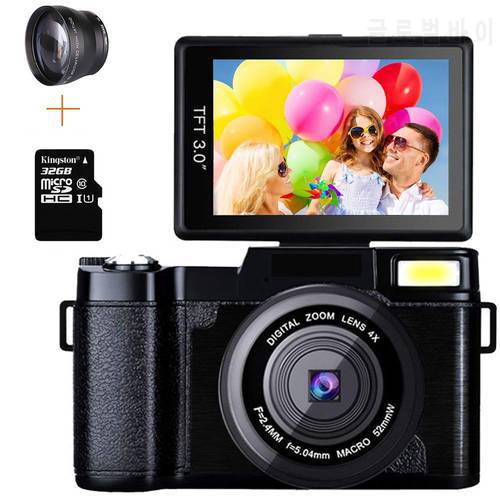 Professional 24MP Video Camera 4X Zoom Rotatable Screen Full HD 1080P Anti-shake SLR Camcorder Photo w/ Wide Lens and 32GB Card