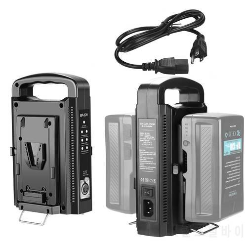 Dual-channel V-mount/V-lock battery charger with DC 16.5V power output, suitable for charging any V-type battery