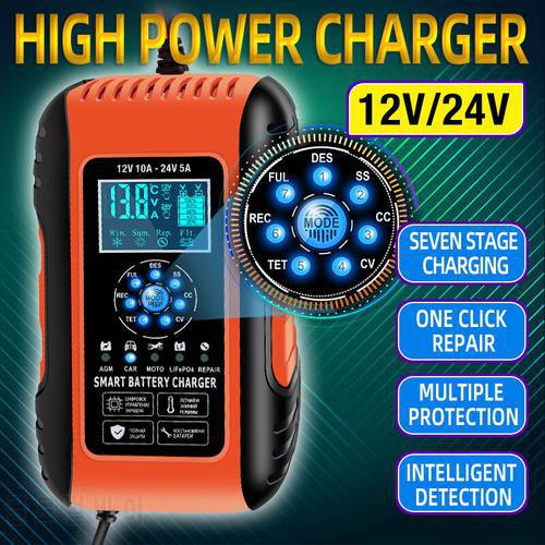12V 10A Automatic Smart Battery Charger 7-Stage Car&Motorcyle Puls Repair Chargers For LiFePo4 Wet Lead Acid/Gel + LCD Display
