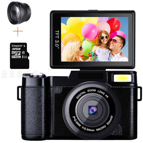 New Professional 24MP Video Camera 4X Zoom Rotatable Screen Full 1080P Anti-shake SLR Camcorder Photo w/ Wide Lens and 32GB Card