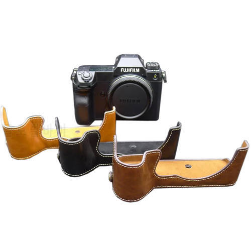 Leather Camera Bag Half Case Body For Fujifilm Fuji GFX100S GFX-100S Bottom Cover Open battery Black Coffee Brown