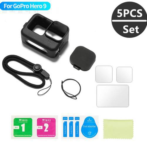GoPro 10 Silicone Cover+Lens Cap for GoPro 9 Tempered Glass Screen Protective Film Sports Camera Accessories