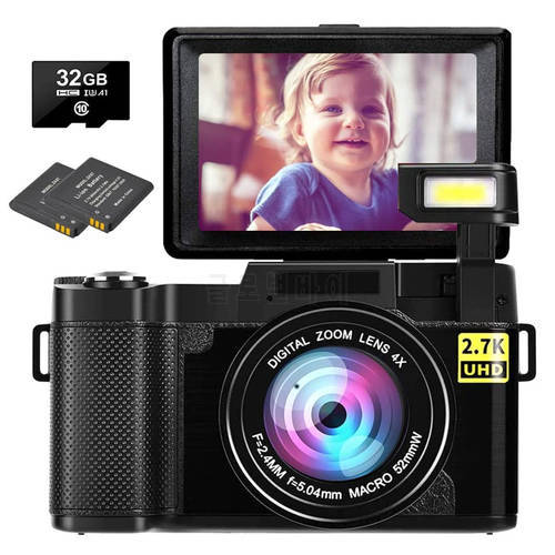 HD Digital Camera 24MP Photographic Camera 4x Zoom Rotating Screen Professional EIS Video Camera W/ Wide Lens and 32GB Card