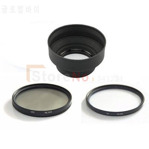 3 in 1 49 52 55 58 62 67 72 77mm Rubber Lens Hood +UV Filter +CPL Filter for Canon Nikon DSLR camera
