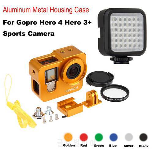 hero 4 Hero 3+ Aluminum Alloy CNC Protective housing case Shell+Lens filter+ flash light for Gopro hero4 3+ camera accessories