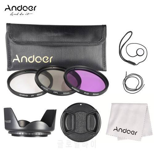 Andoer 52mm Lens Filter Kit UV+CPL+FLD Lens Filter + Nylon Carry Pouch + Lens Cap + Cap Holder + Hood + Cleaning Cloth