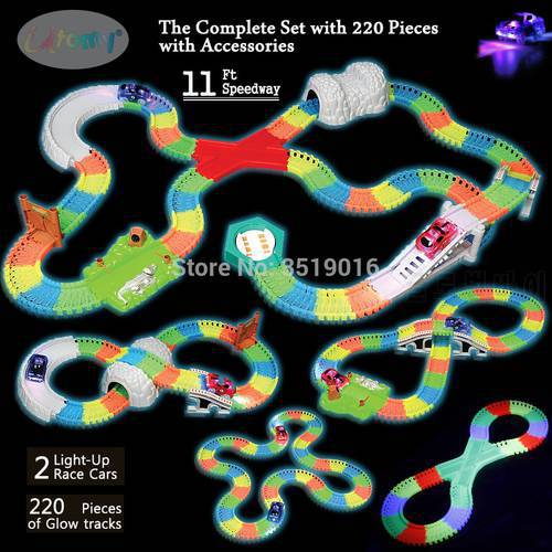 The Complete Bend,Flexible Race Track Set 11 Ft OVER 220 Pieces of Flexible Glow in the Dark Tracks with 2 Cars and Accessories