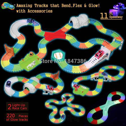 Magical 7.5cm Outsize Flexible GlowTtrack OVER 220PCS Tracks and 8 Accessories with 2 cars Luminous Glow in the Dark Playset