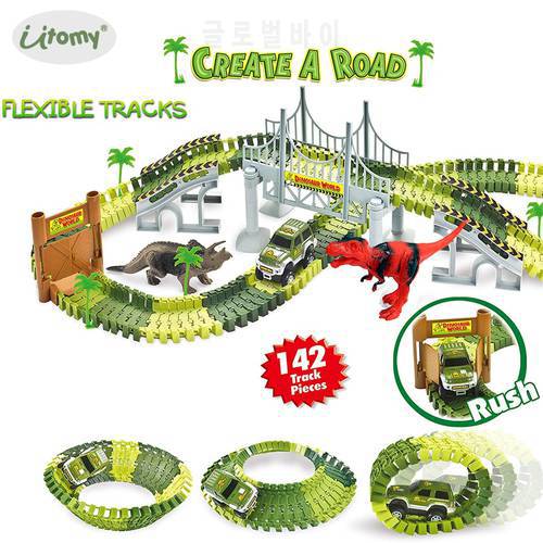 a Road Dinosaur and soldiers Race Car Track Train Toys,Flexible Tracks Playset with Racing Cars and Accessories for kids