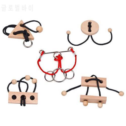 Metal Wooden Rope Puzzle Logic Mind Brain Teaser String Loop Rings Puzzles Game Toys for Adults Children