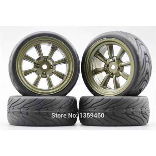 4pcs RC 1/10 Soft Rubber On Road Car Tire Tyre Wheel Rim W8S3BR 3mm Offset(Painting Brozen) 10807+Rubber Tire