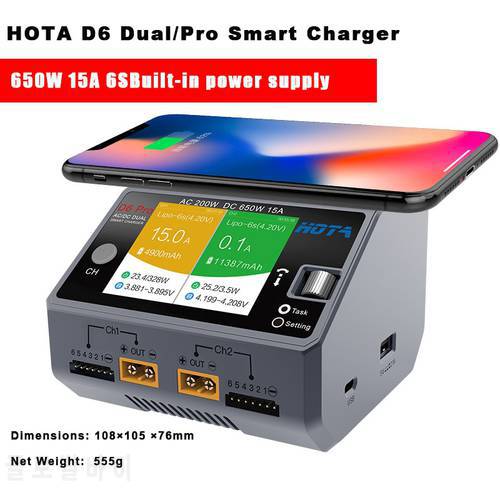 HOTA D6 Pro Smart Charger AC200W DC650W 6S 15A for Lipo LiIon NiMH Battery with iPhone Samsung Wireless Charging