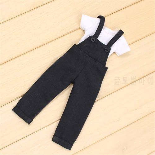DBS Blyth icy doll clothes White T-shirt black overalls suit for the 1/6 JOINT body licca doll girl boy gift