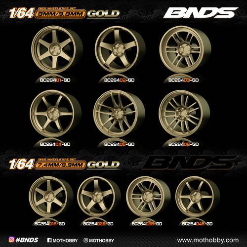 BNDS 1/64 ABS Wheels Rubber Tires by GOLD Assembly Rims Modified Parts JDM VIP Style for Model Car Vehicle 4pcs Set