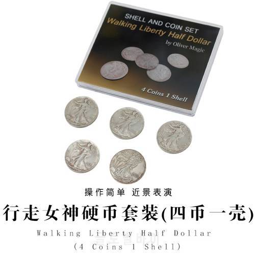 Walking Liberty Half Dollar Shell and Coin Set (4 Coins 1 Shell) Magic Tricks Close Up Illusion Gimmick Coin Appear/Vanish Magia