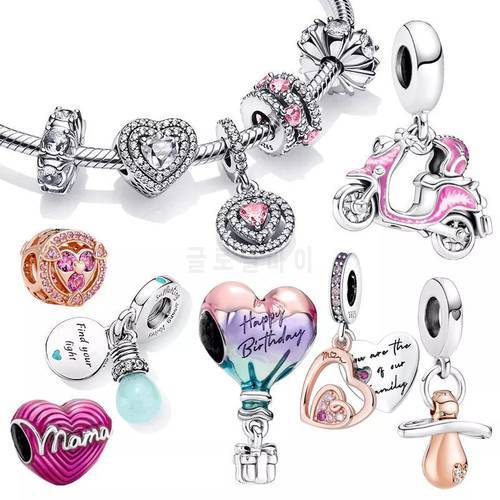 New 925 Sterling Silver Sparkling Triple Halo Hearts Charm Fit pandora Bracelet Happy Birthday Hot Air Balloon Charm DIY Jewelry