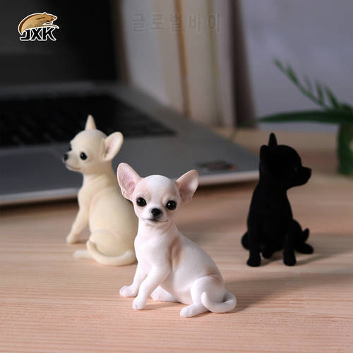 JXK Fluff Chihuahua Dog Pet Healing Figure Canis Lupus Puppy Animal Collector Toys Resin Desktop Decoration Gift