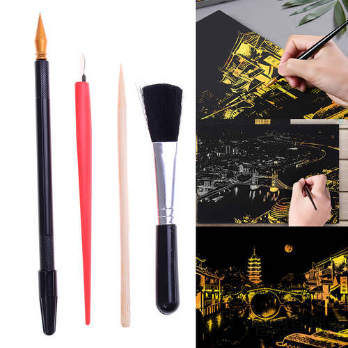 4Pcs With Stick Scraper Pen DIY Gift Painting Drawing Scratch Arts Set Black Brush For Scratch Sketch Art Papers Boards Tools