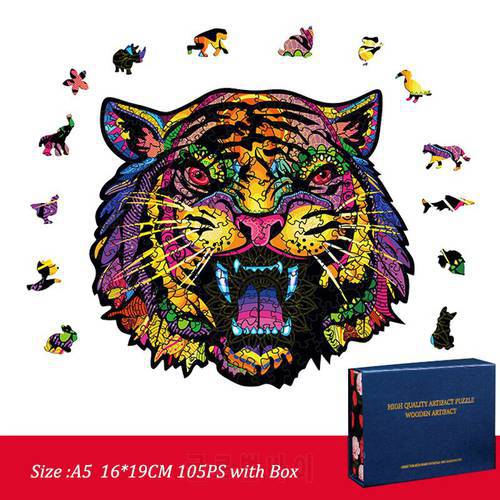 FEOOE Halloween Tiger Head Tiger Alien Shaped Wooden Puzzle Irregular Three-dimensional Animal Puzzle Puzzles for Adults YSH