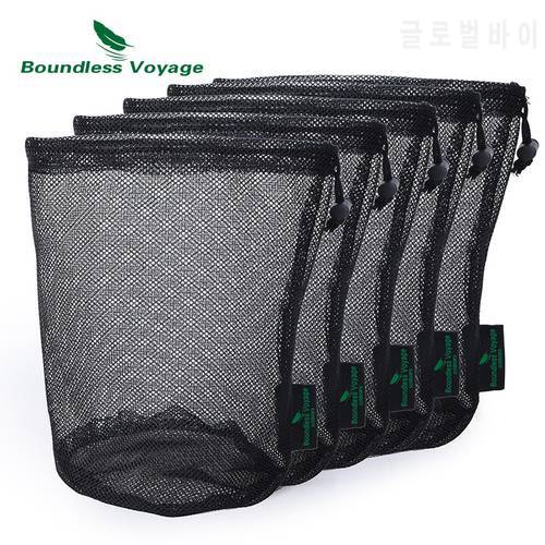 Boundless Voyage 5pcs Black Nylon Mesh Bag Gym Drawstring Net Bag Travel Stuff Sack for Cookware Outdoor Tools Storage Ditty Bag