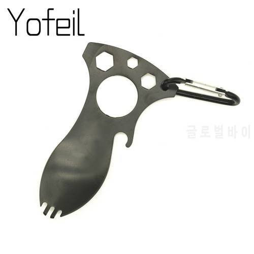 Stainless Steel Outdoor Multi Function EDC Spoon Fork Hex Wrench Bottle Opener Carabiner Camping Picnic Tableware Tactical Spork