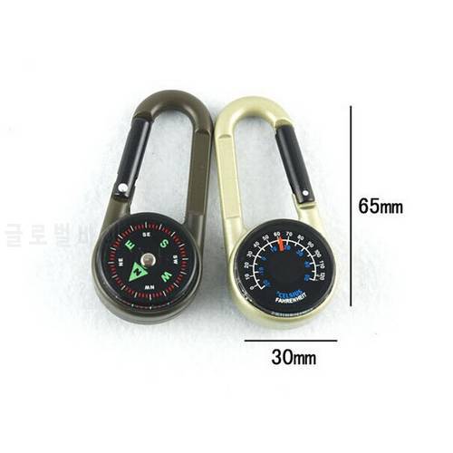 by dhl or fedex 100pcs Keychain New Multifunctional Hiking Metal Carabiner Mini Compass Thermometer sporting outdoor goods