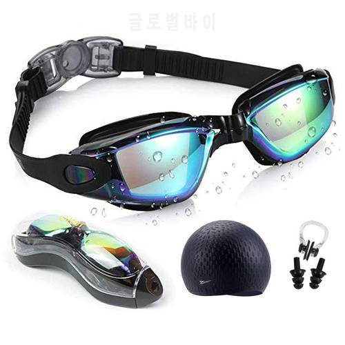 Men Swimming Glasses Anti fog UV Silicone Waterproof Swim Caps Long Hair Eyewear Swim Goggles Case Nose Earplug Diving Equipment