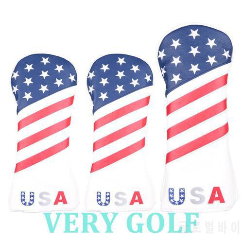 3pcs Golf Head Cover White and Blue Stitching PU Leather with USA Star Driver and Fairway Wood Headcover (1x Driver + 2x FW)