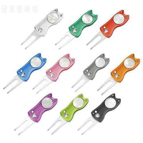 Stainless Steel Folding Golf Divot Repair Fork with Magnetic Button Pitch Groove Remover Cleaner Pitchfork Switchblade Tool