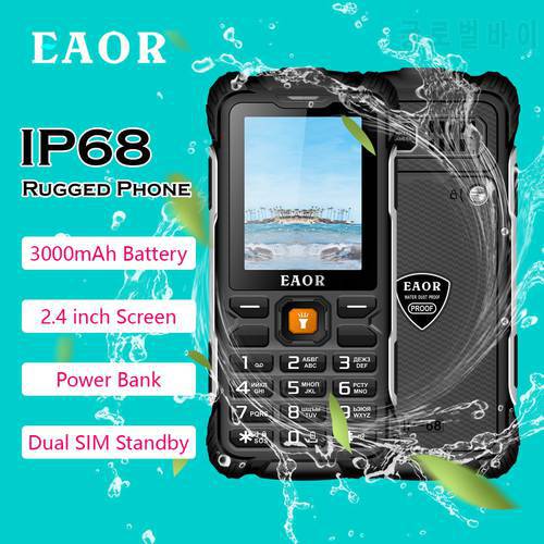 EAOR 2G Rugged Phone IP68 Water/Dust-proof Push-Button Phone 3000mAh Reverse Charging Keypad Phone Feature Phone with Flashlight