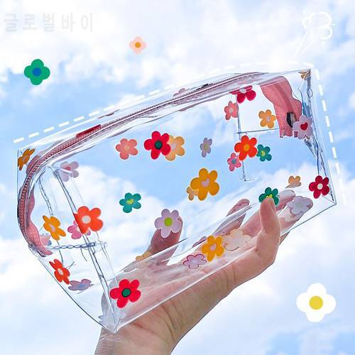 Waterproof Clear Cosmetic Bag Cute Cartoon Flower Cosmetic Bag Transparent Portable Storage Bag Travel Toiletry Organizer