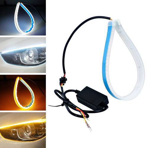2pcs 30/45/60cm Car DRL Flexible LED Tube Strip Daytime Running Light Auto White/Amber Flowing Turn Signal Lamp Headlight Strips