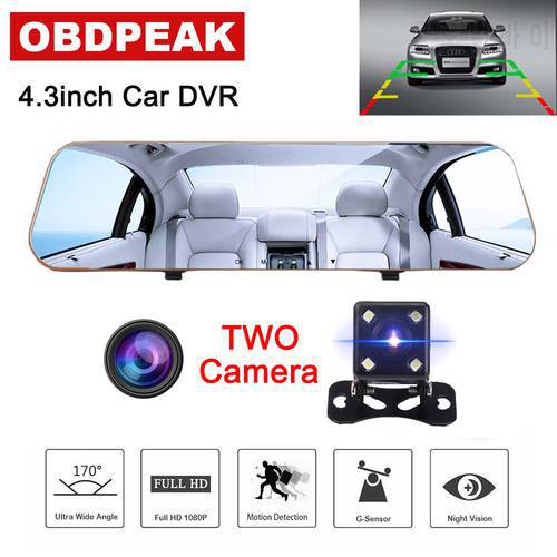4.3 Inch Car Dvr Camera Rearview Mirror Dual Lens Full HD 1080P Night Vision G-sensor Dash Cam Auto Video Recorder Registrator