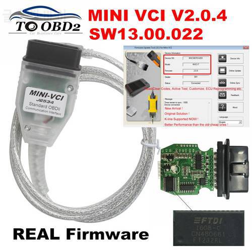 MINI VCI New Real Firmware V2.0.4 Latest Version V17.00.020 For Toyota j2534 K+DCAN Supports K-Line MINI-VCI HW2.0.4 FT232RL