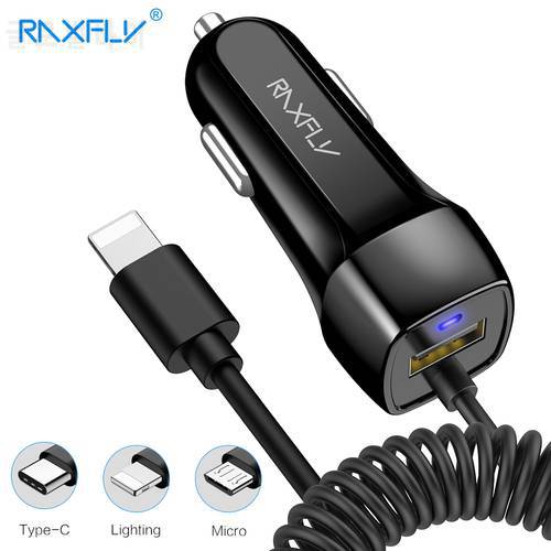 RAXFLY USB Car Charger for iPhone X XR 8 7 Fast USB Charger with Micro USB Type C Lighting Cable Fast Charging for Samsung S9 S8