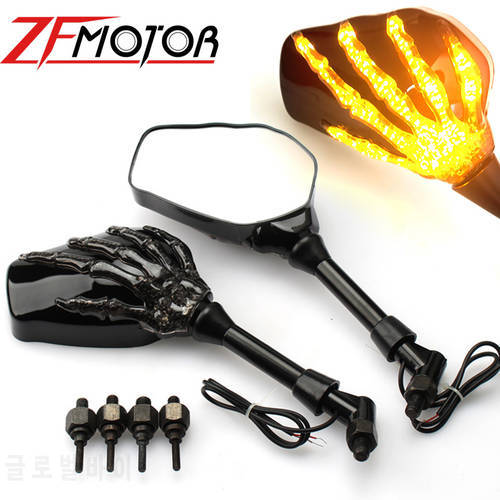 Pair Motorcycle Mirror Skeleton Skull Hand Claw Side Rear View Mirrors LED Turn Signal Light 8mm 10mm Universal