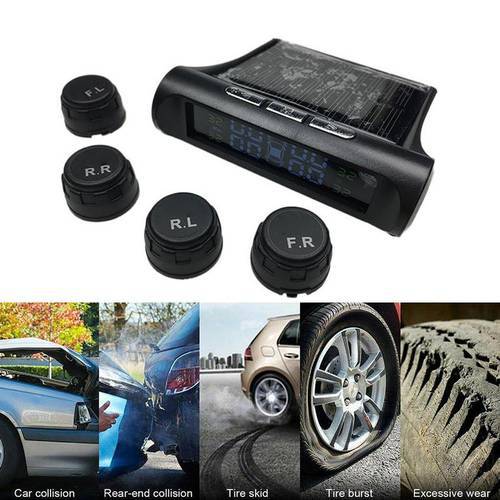 Solar Power USB TPMS Car Tire Pressure Monitoring System LCD 4 External / Internal Sensors for SUV Temperature Warning
