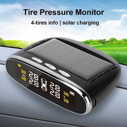 Solar Power TPMS With 4 Internal/External Sensor Car Tire Pressure Alarm Monitor System Intelligent Temperature Alert Waterproof