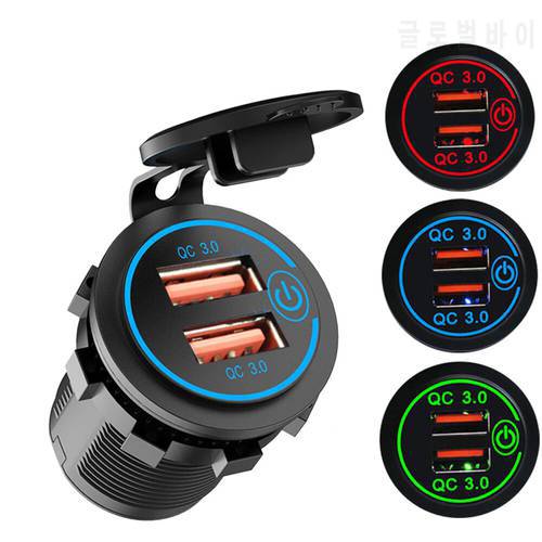 New Quick Charge QC3.0 Dual USB Car Charger Socket Waterproof 12V/24V Fast Charger Socket Power Outlet With Touch Switch
