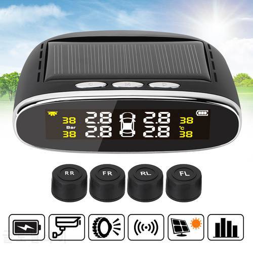 Car Tire Pressure Alarm Monitor System Waterproof Temperature Alert Solar Power TPMS With 4 Internal/External Sensor