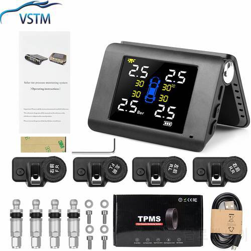 2022 TPMS Solar Power Tyre Pressure Monitoring System with 4 Sensors LCD Real-time Display Car Tire Pressure Auto Alarm System