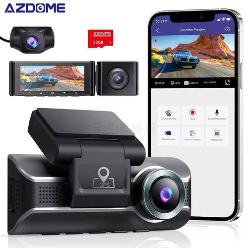 AZDOME 3 Channel Dash Cam, Front Inside Rear Three Way Car Dash Camera, 2K+1080P+1080P Dual Channel ,With GPS WiFi ,Night Vision