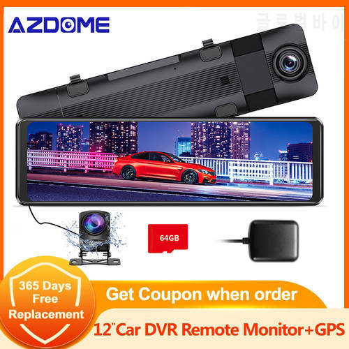 AZDOME 12 inches 2K Car DVR Touch Screen Stream Media Dual Lens Video Recorder Rearview mirror Dash cam Front and Rear camera