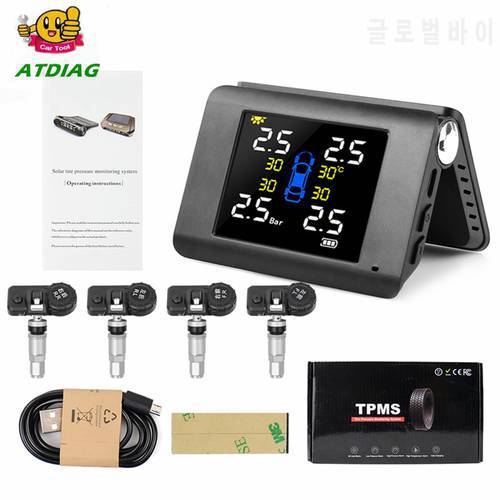 TPMS Solar Power Folding Tyre Pressure Monitoring with 4 Sensors LCD Real-time Display Car Tire Pressure Auto Alarm System