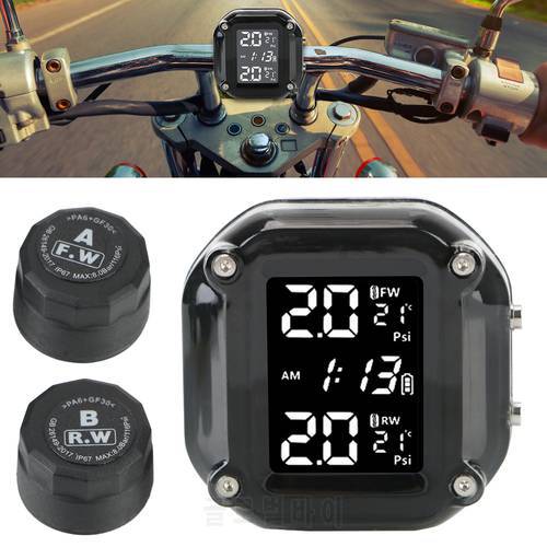 Motorcycle TPMS Sensor LCD Display Motor Tire Pressure Temperature Monitoring Alarm System With 2 External Sensors USB Charging