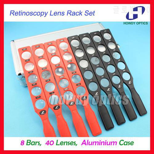 Ophthalmic retinoscopy lens rack set plastic bar Aluminium case board lenses optical supplies 8 bars 40 lenses
