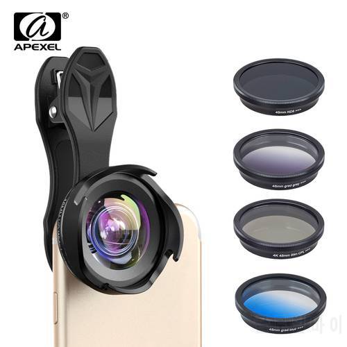 APEXEL all in all phone camera lens kit professional wide/macro lens with grad filter CPL ND filter for iPhoneX andriod phones